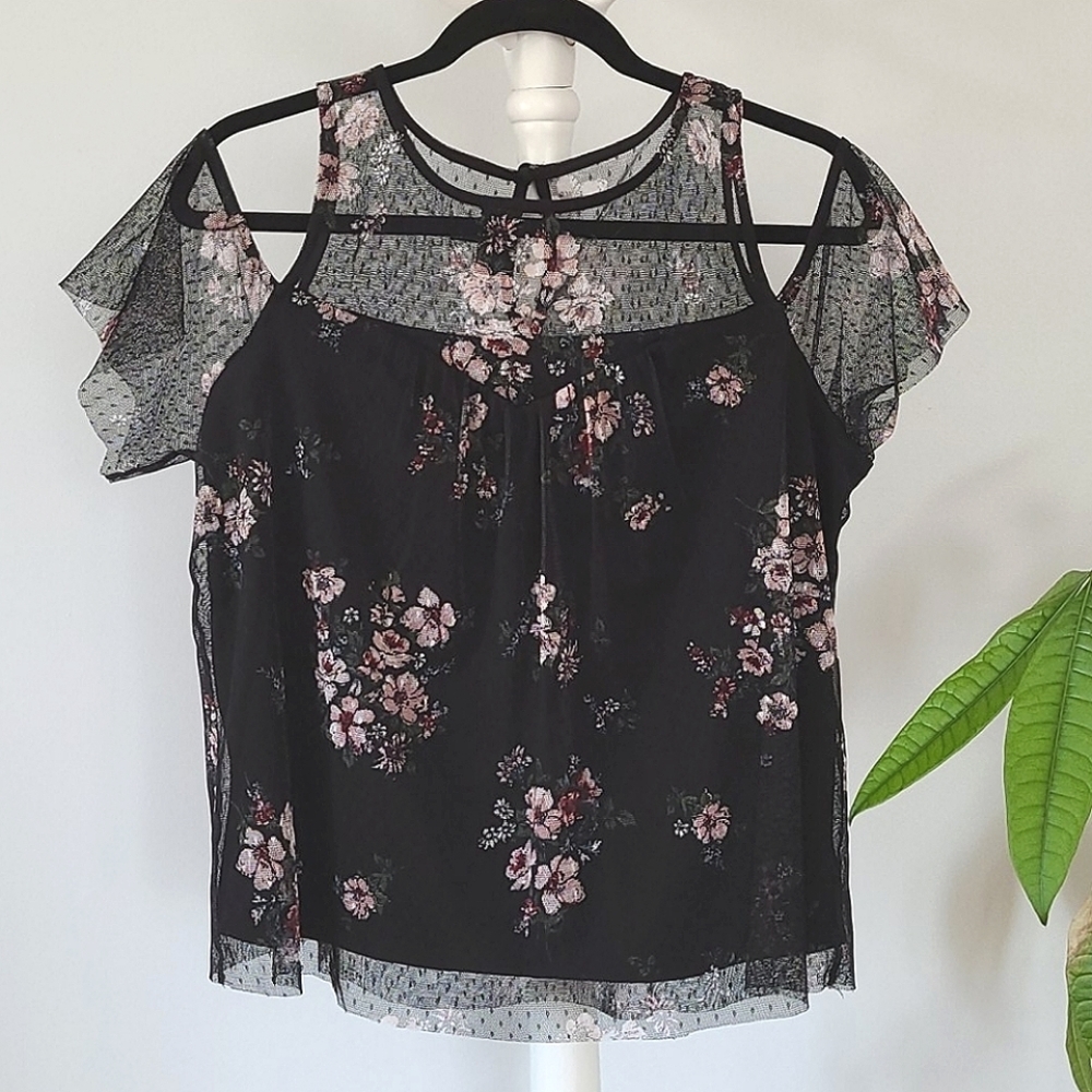 IZ BYER Floral Mesh Off the Shoulder Top